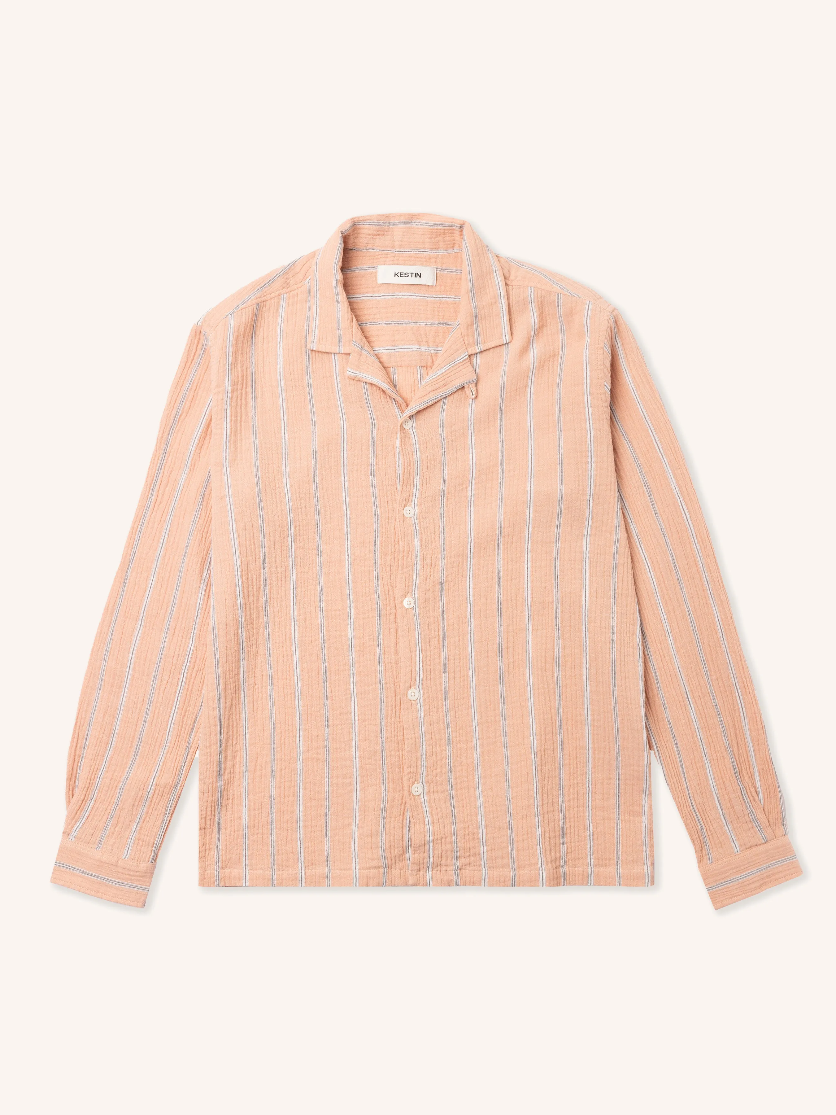 Tain Shirt in Washed Coral Double Weave Seersucker sold by Kestin