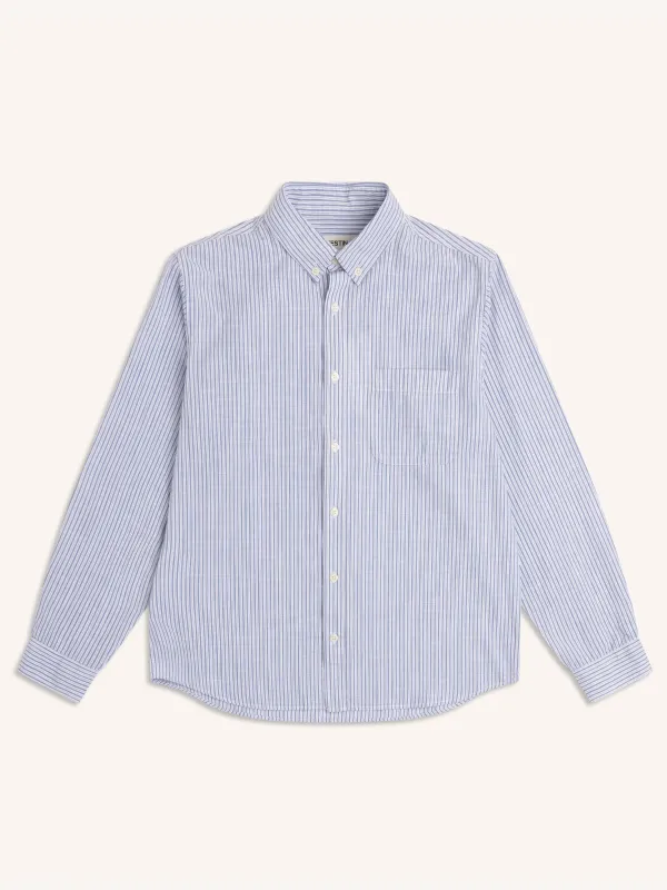 Raeburn Button Down Shirt in Blue Stripe Slub Organic Cotton made by Kestin