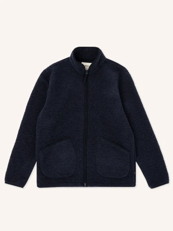 Lanark Zip Fleece in Navy Ribbed Wool Blend made by Kestin
