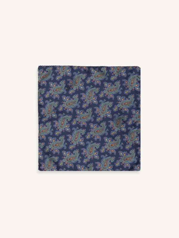 Pocket Square in Navy Paisley Silk made by Kestin