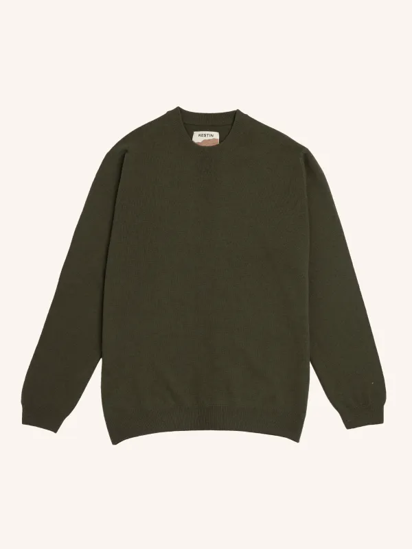 Teviot Crew Neck in Olive Merino Wool & Cashmere made by Kestin