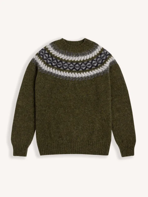 Yoke Fairisle Crew in Olive Brushed Pure Wool made by Kestin