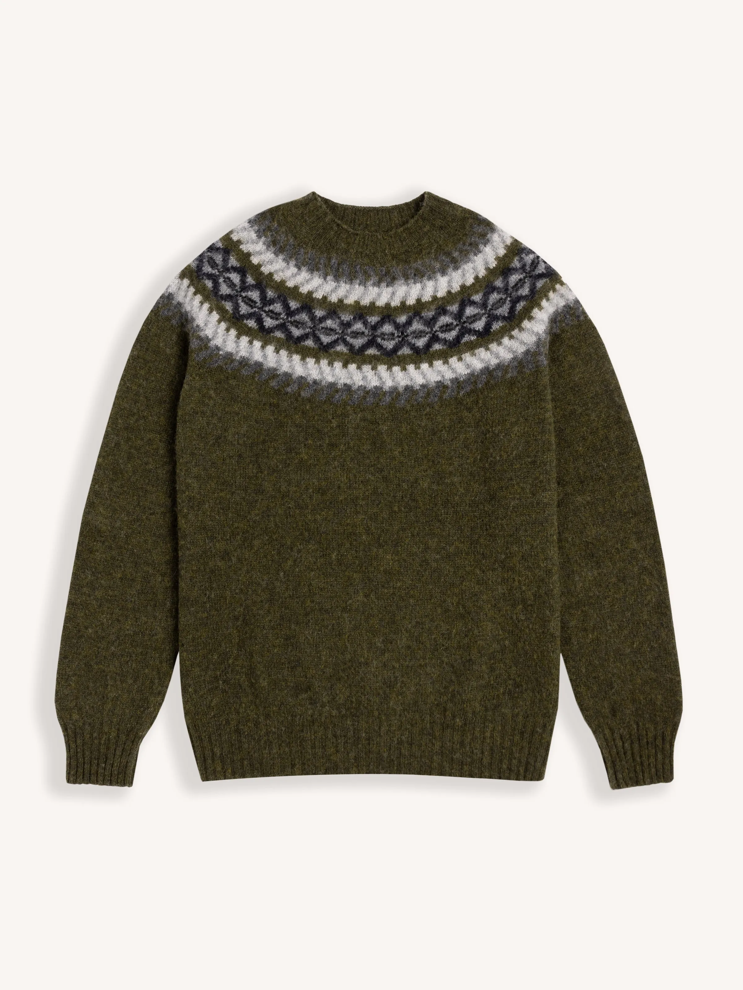 Yoke Fair Isle Crew in Olive Brushed Pure Wool sold by Kestin