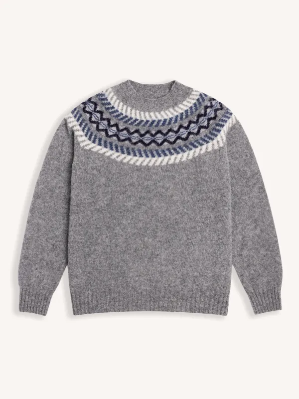 Yoke Fairisle Crew in Grey Brushed Pure Wool made by Kestin