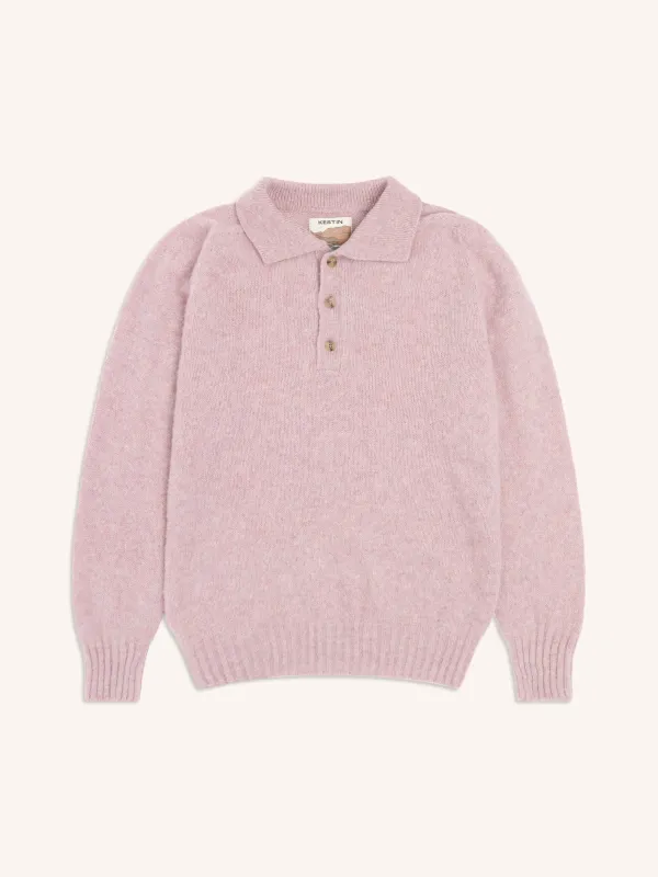 Lewis Brushed Shetland Polo in Pink Lambswool made by Kestin