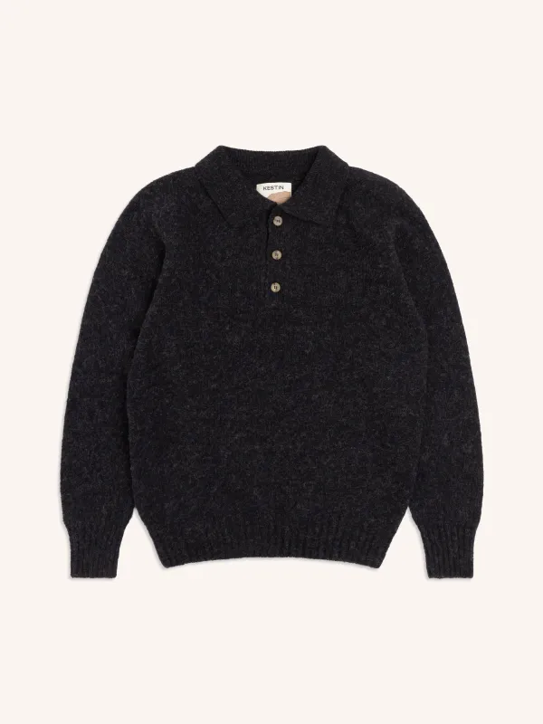 Lewis Brushed Shetland Polo in Dark Charcoal Lambswool made by Kestin