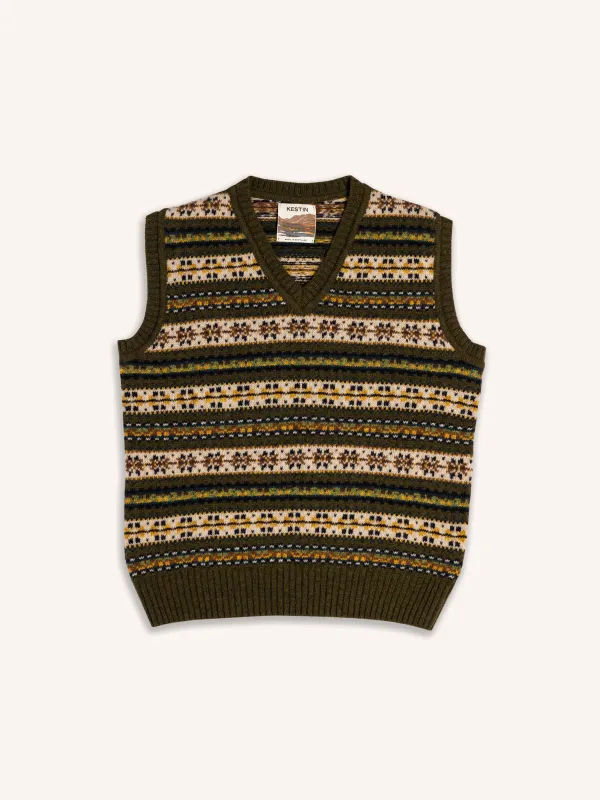 Fair Isle Vest in Green Multi Lambswool made by Kestin