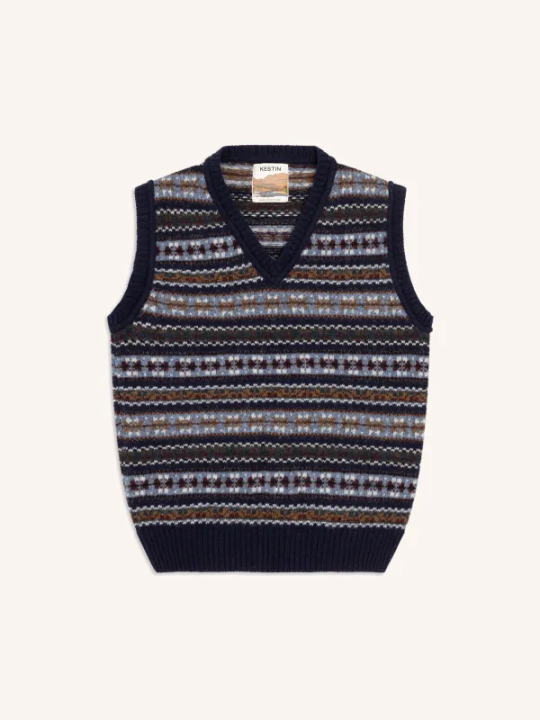 Fair Isle Vest in Blue Multi Lambswool made by Kestin