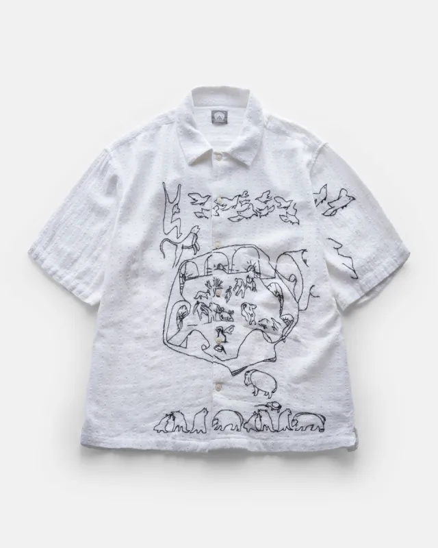 SS ISLE SHIRT - WHITE / BLACK HAND EMBROIDERED KHADI COTTON MESH sold by 18 East