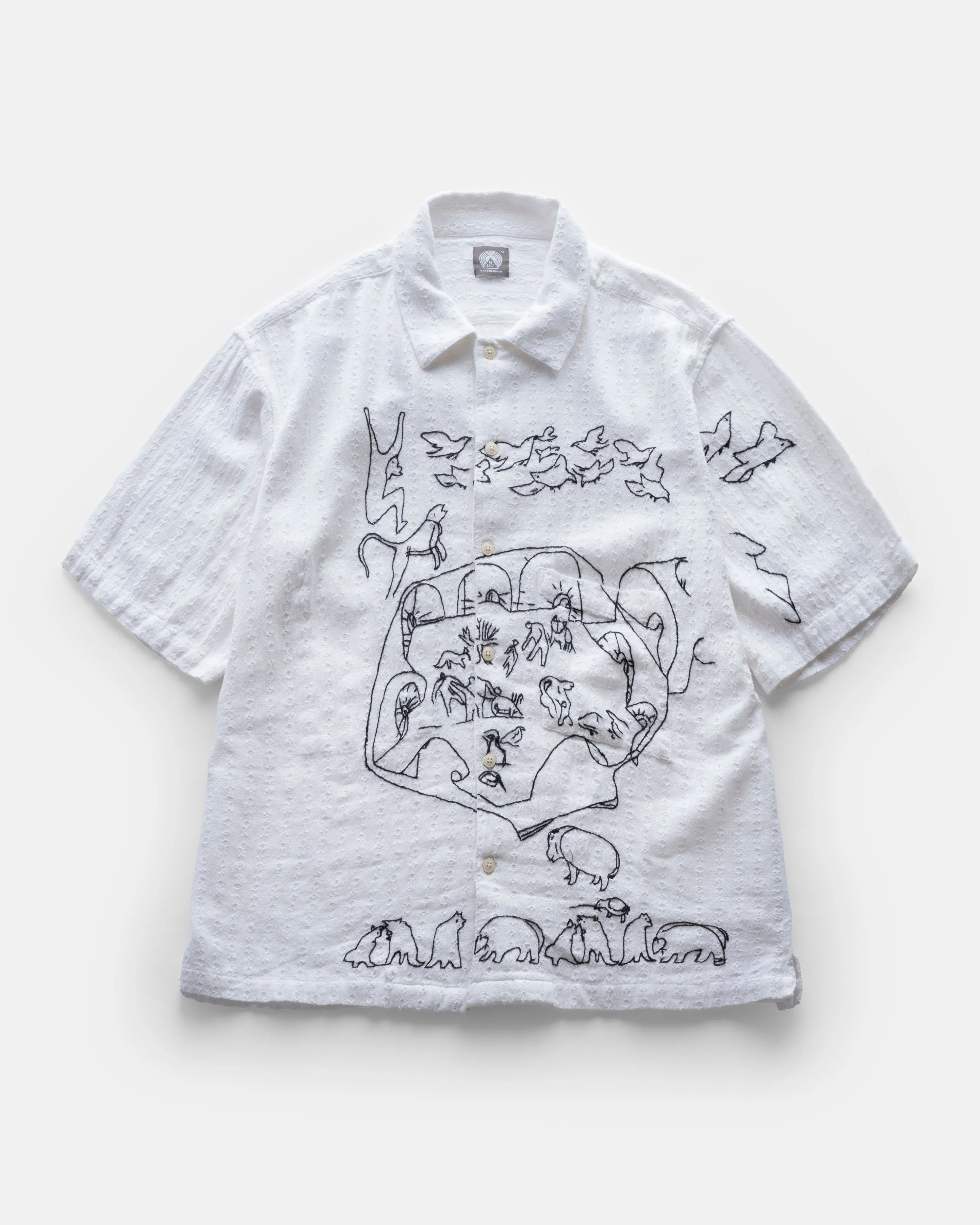 SS ISLE SHIRT - WHITE / BLACK HAND EMBROIDERED KHADI COTTON MESH sold by 18 East