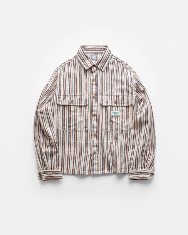 CALEB OVERSHIRT - UNDYED COTTON OXFORD WITH  HAND BLOCKED PRINTED INDIGO / BROWN IRREGULAR STRIPE sold by 18 East