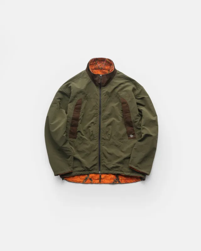 PLU REVERSIBLE MONSTER JACKET - O.D. GREEN WATER-REPELLENT MICRO RIPSTOP NYLON / GINGER TROMPE L'OEIL AZILAL REVERSE LOOPBACK TERRY sold by 18 East