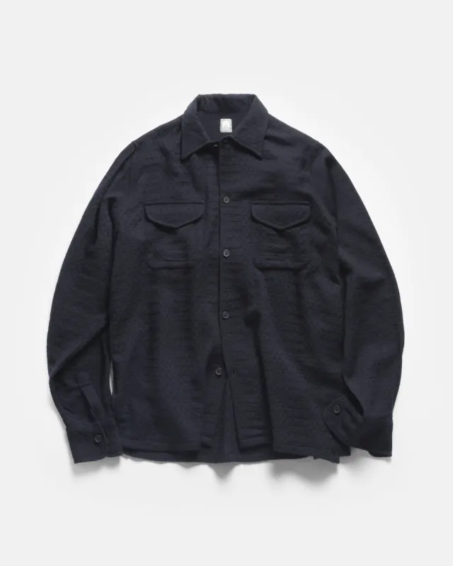 WES STRAIGHT HEM WORK SHIRT - MIDNIGHT NAVY WORSTED WOOL DOBBY made by 18 East