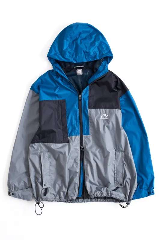 NOTCH PATCHWORK HOODED WINDBREAKER - SILVER / AZURE / BLACK NYLON RIPSTOP sold by 18 East