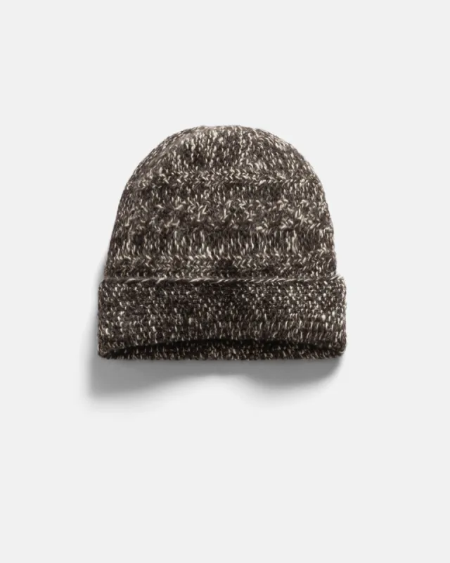 HIMALAYAN HAND-KNIT CABLED BEANIE - UNDYED DARK CHOCOLATE / ECRU NOMADIC WOOLEN MOULINÉ made by 18 East