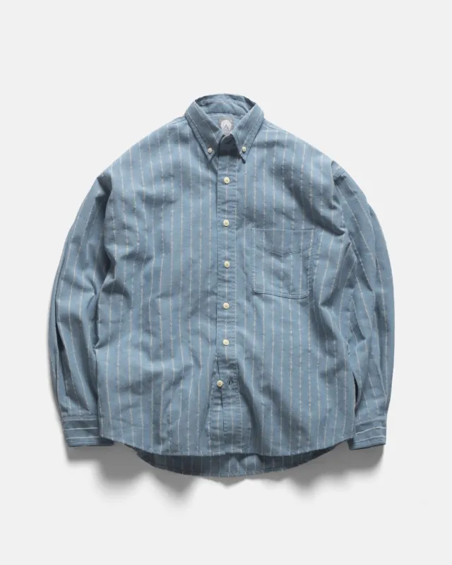 WOLF BUTTON-DOWN SHIRT - CLEARWEATHER BLUE / WHITE / TAN TWISTED STRIPE SUMMER COTTON / LINEN OXFORD sold by 18 East