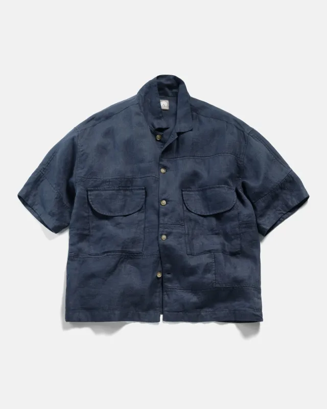 SS AGEROLA LATTICE STITCHED PATCHWORK SHIRT- NAVY LINEN TWILL sold by 18 East