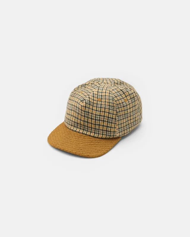 STOWE 5 PANEL HAT - ECRU / CHARCOAL / BLACK / GOLD / COYOTE WOOL GUNCHECK sold by 18 East