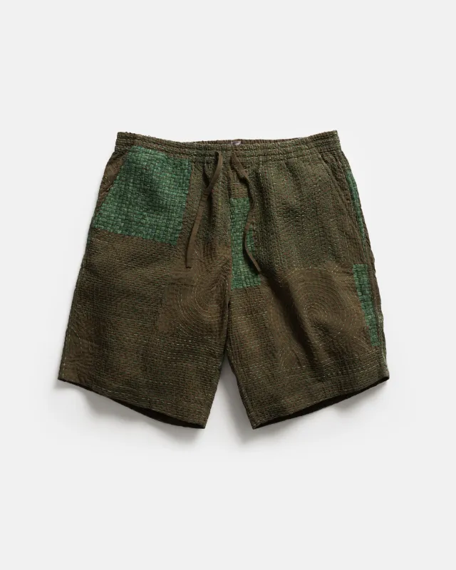 JAIPUR EASY SHORTS - OLIVE / "GRINDIGO" PATCHWORK KANTHA STITCHED COTTON CANVAS sold by 18 East