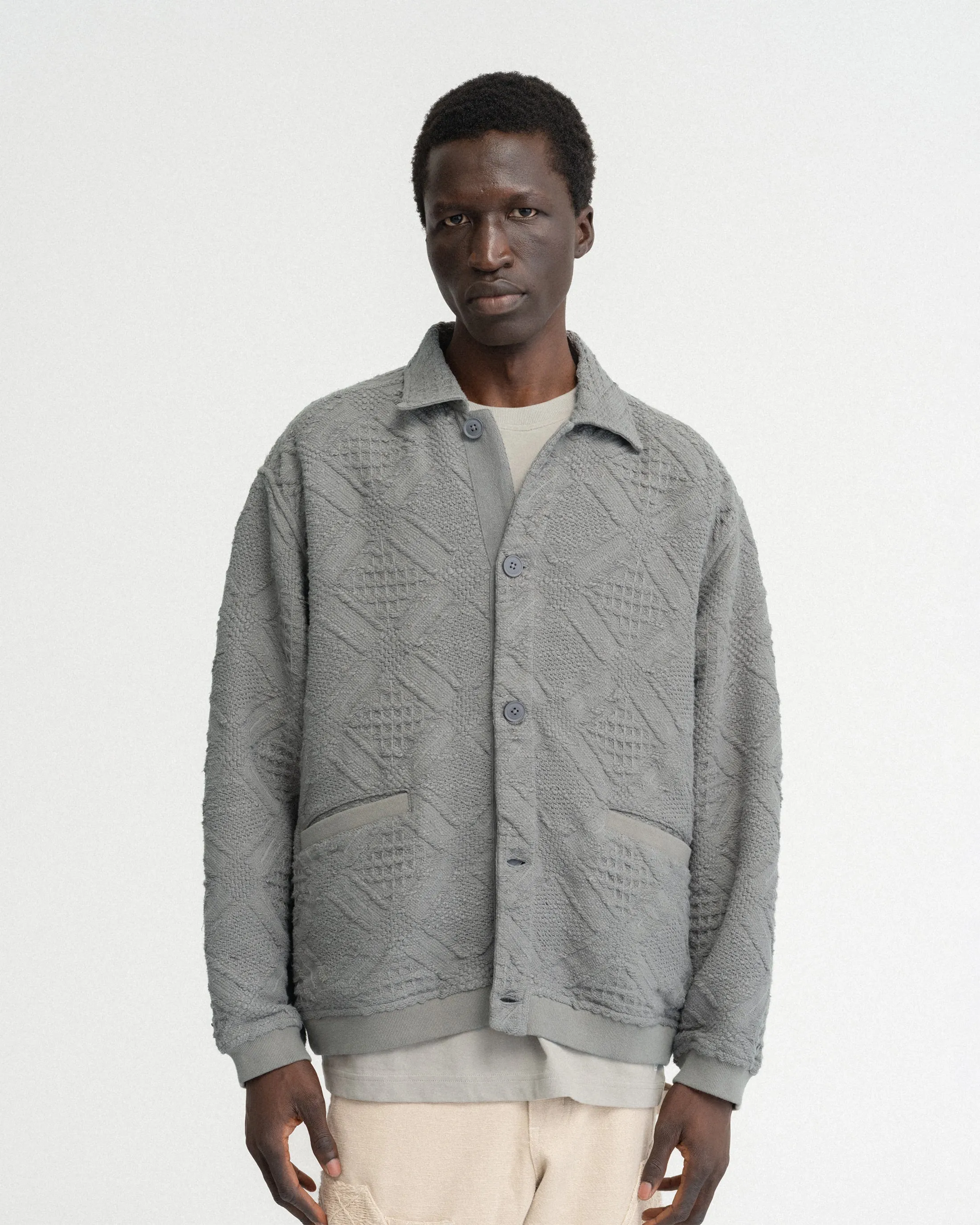 FULL PLACKET HOMER COLLARED “SWEATER” CARDIGAN - LUNAR ROCK HANDLOOM COTTON BLANKETING sold by 18 East product image thumbnail 2