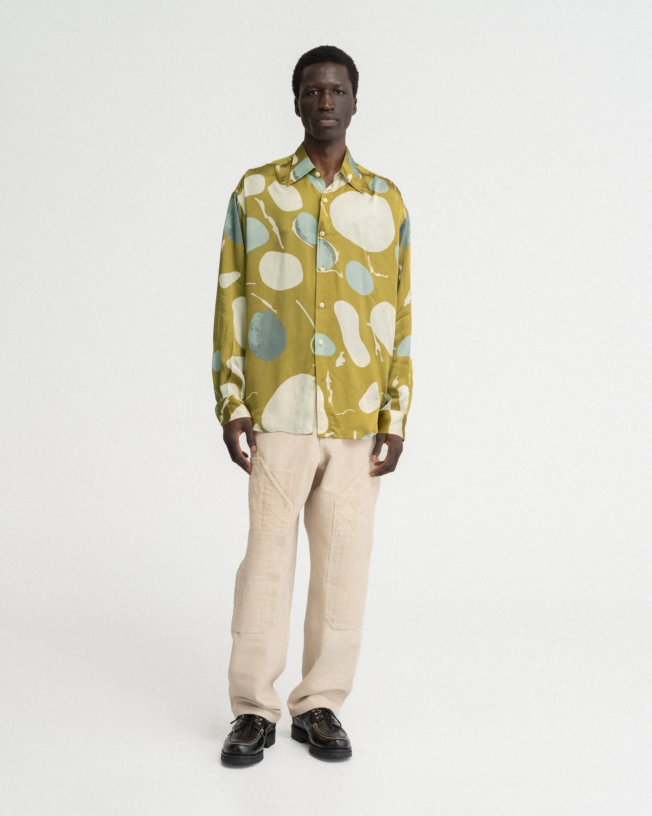 ELLIS VINTAGE LONG POINT COLLAR SHIRT - OLIVE MOSS RIVERBED ROCKS PRINTED VEGAN SILK sold by 18 East product image thumbnail 4