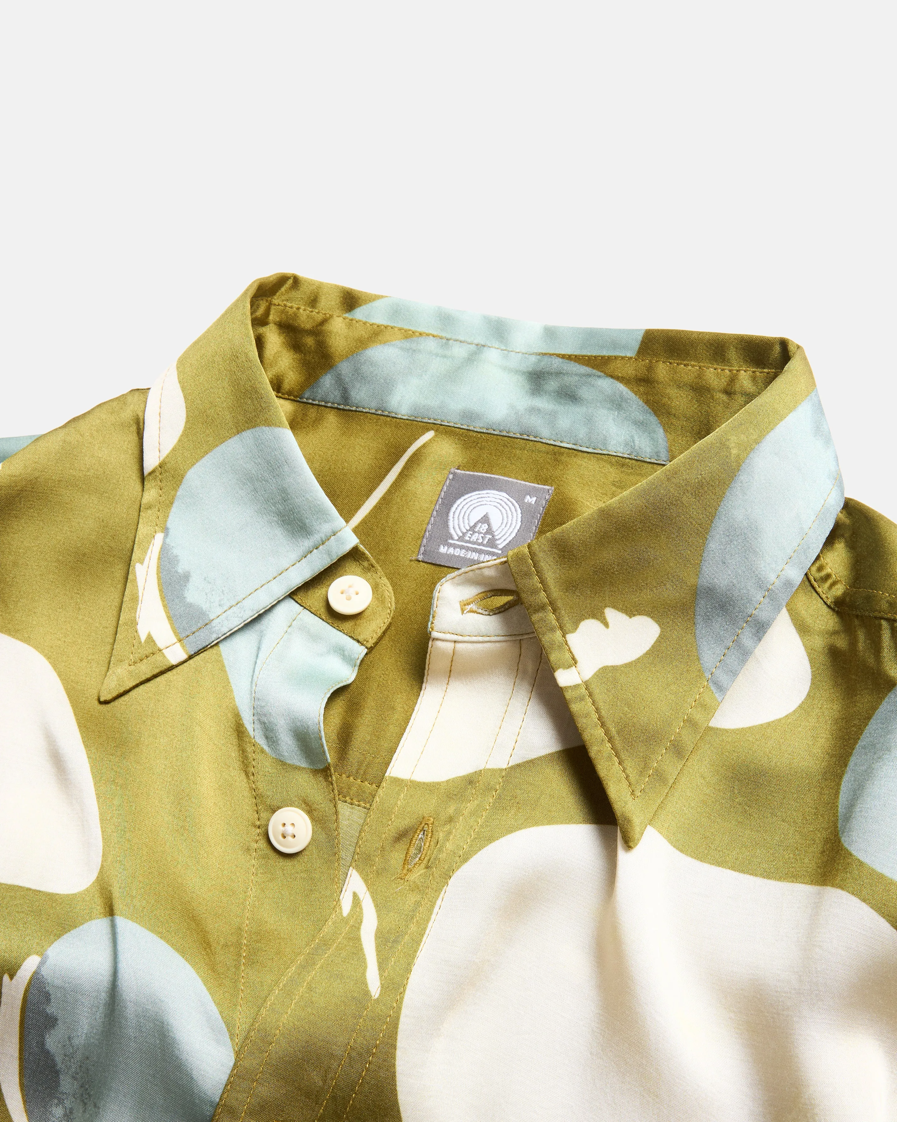 ELLIS VINTAGE LONG POINT COLLAR SHIRT - OLIVE MOSS RIVERBED ROCKS PRINTED VEGAN SILK sold by 18 East product image thumbnail 3
