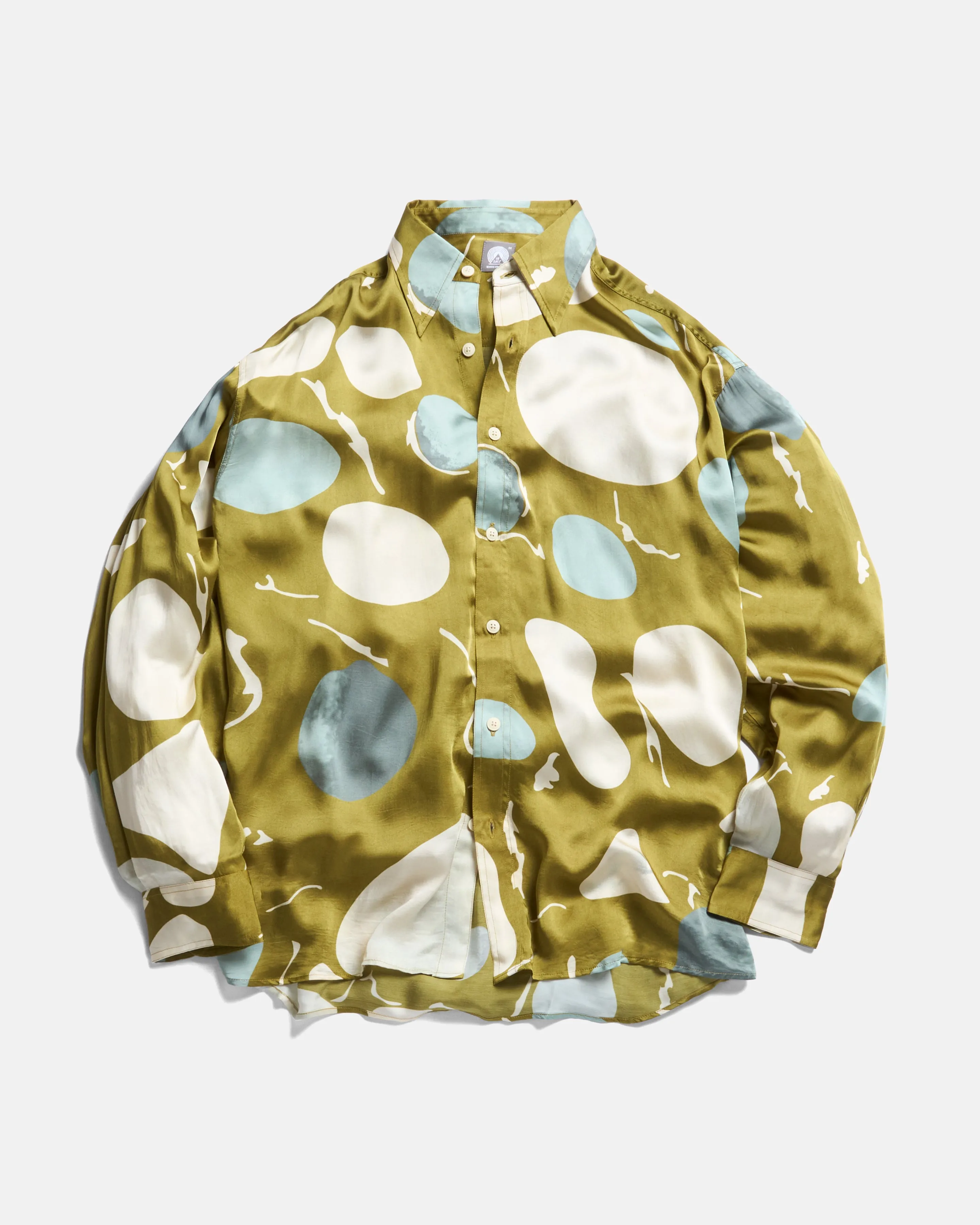 ELLIS VINTAGE LONG POINT COLLAR SHIRT - OLIVE MOSS RIVERBED ROCKS PRINTED VEGAN SILK sold by 18 East