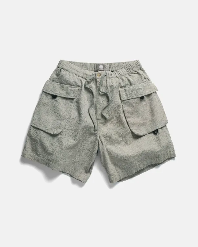 VETTI UTILITY SHORTS - TONAL LUNAR ROCK GREEN COTTON SEERSUCKER sold by 18 East