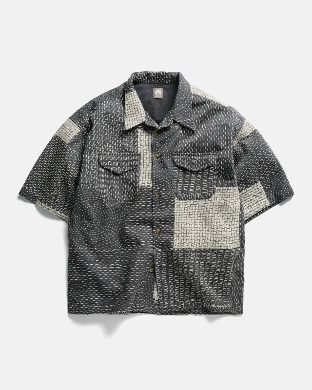 S/S WES SHIRT - WASHED SLATE/ECRU PATCHWORK KANTHA STITCHED COTTON CANVAS made by 18 East