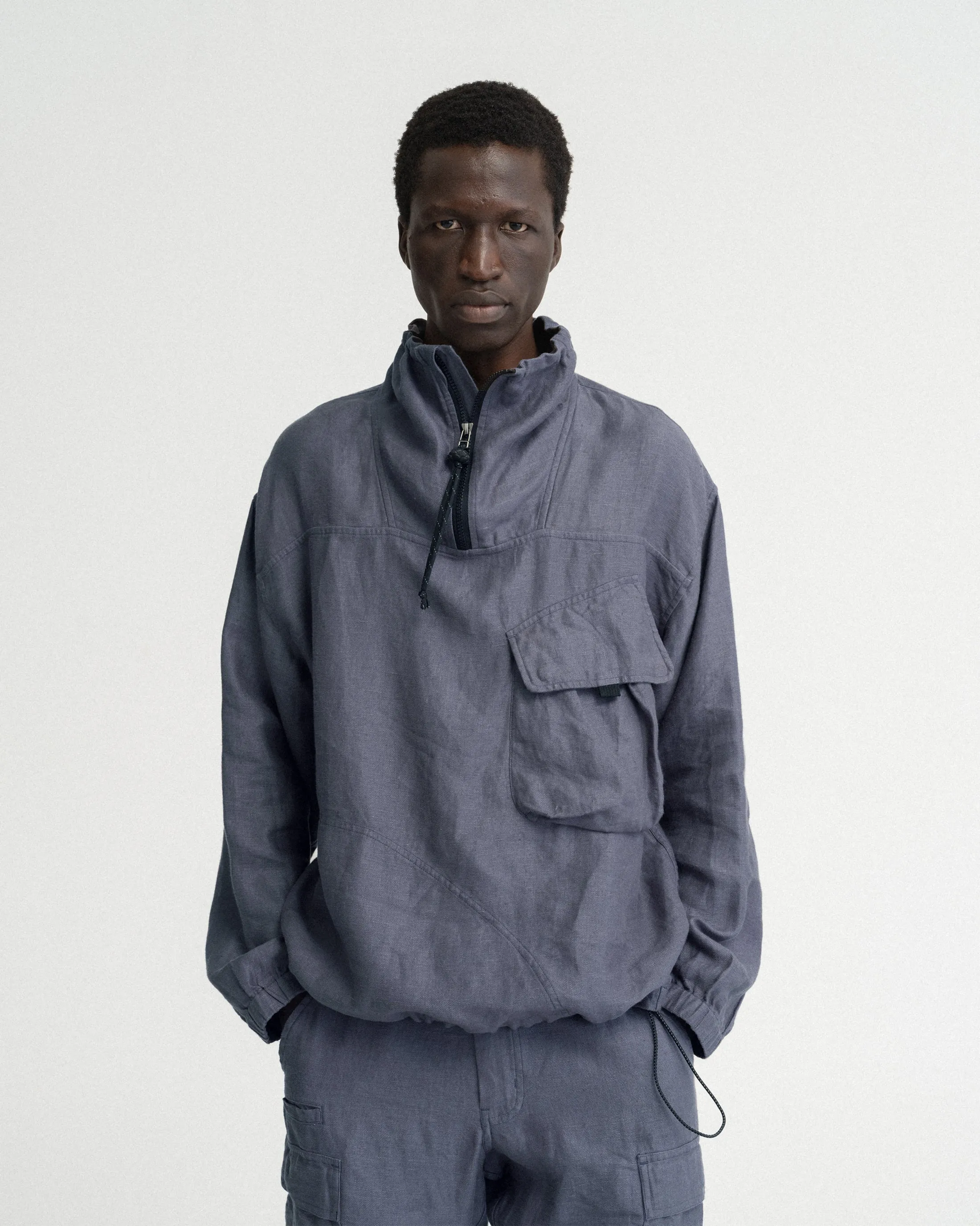 CATA QUARTER ZIP SMOCK PULLOVER - TURBULENCE SLATE LINEN TWILL sold by 18 East product image thumbnail 2