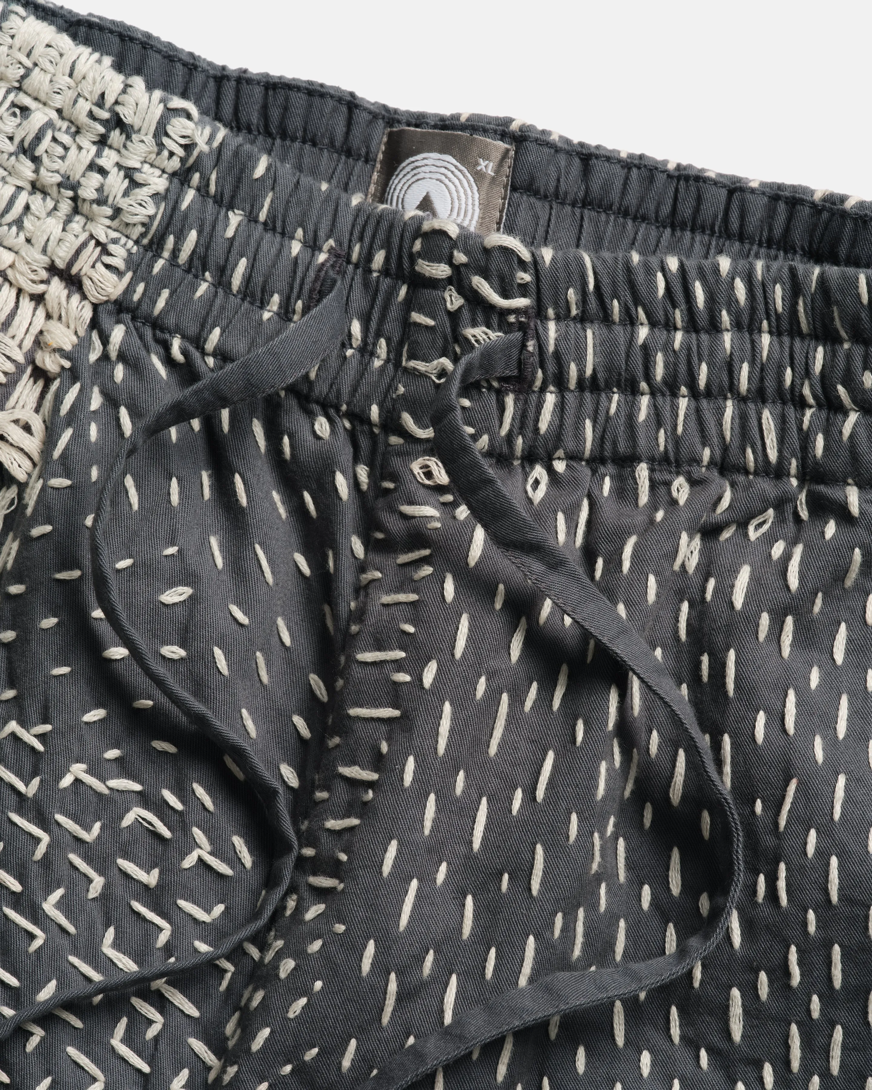 JAIPUR EASY SHORTS - WASHED SLATE/ECRU PATCHWORK KANTHA STITCHED COTTON CANVAS sold by 18 East product image thumbnail 3