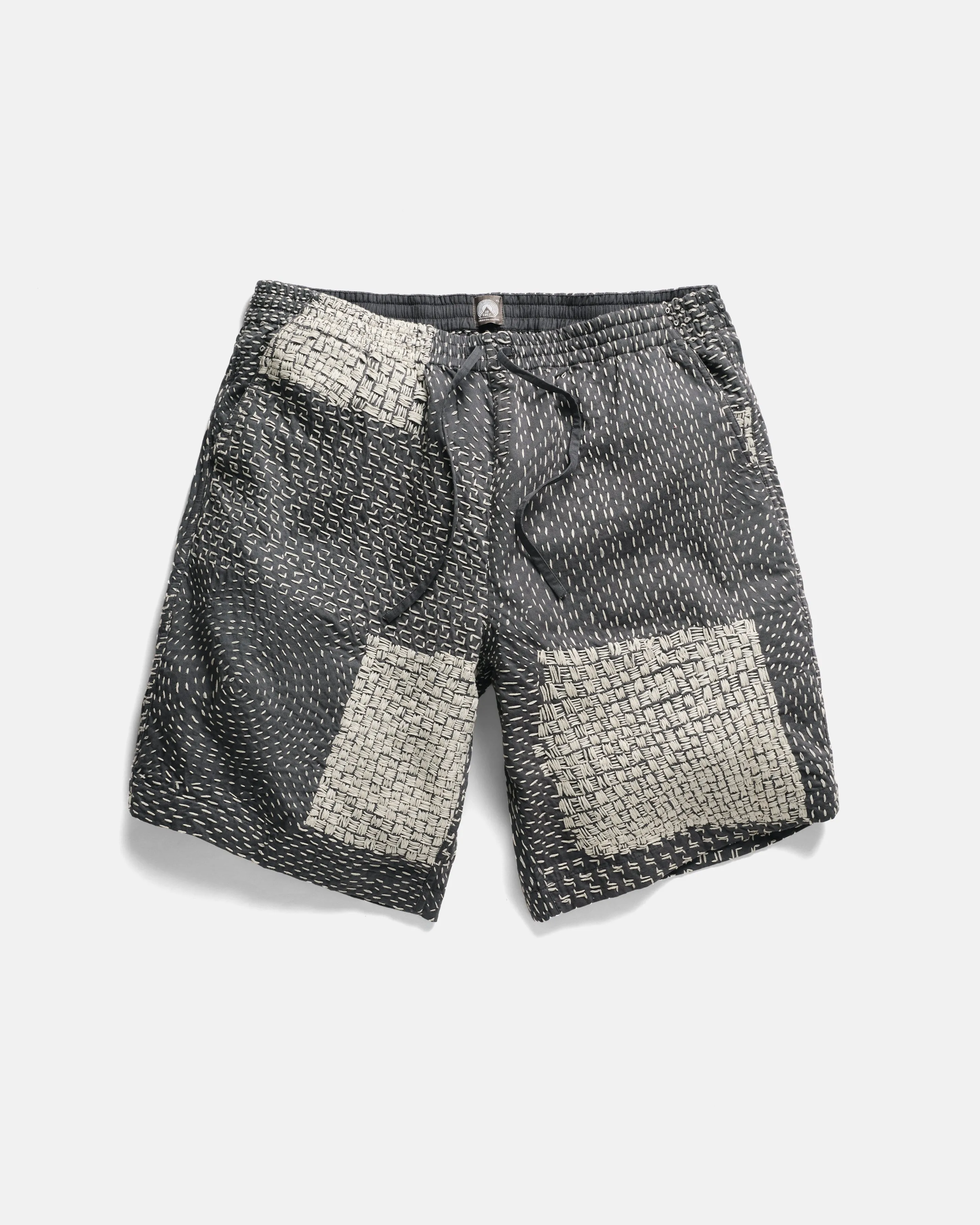 JAIPUR EASY SHORTS - WASHED SLATE/ECRU PATCHWORK KANTHA STITCHED COTTON CANVAS sold by 18 East
