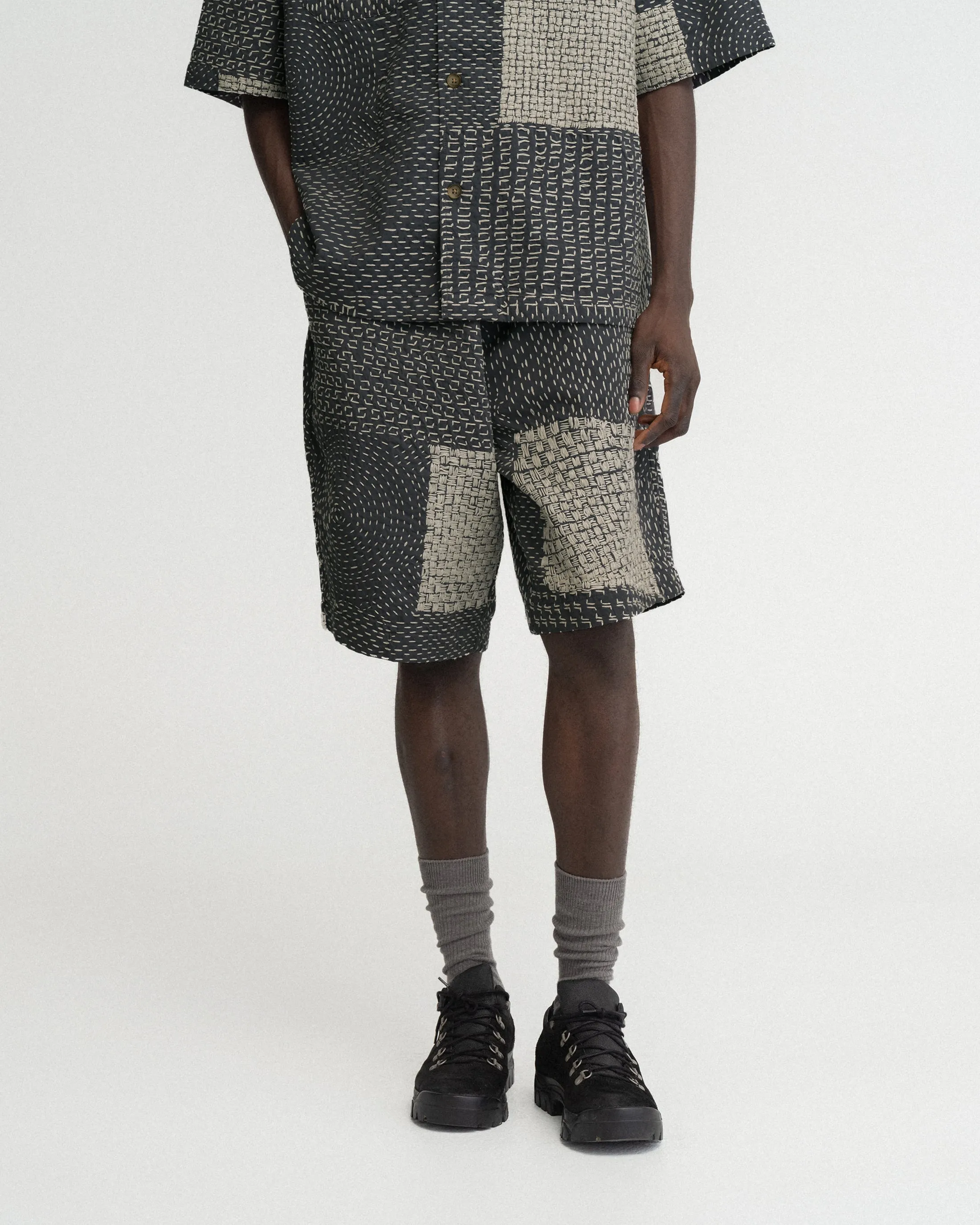 JAIPUR EASY SHORTS - WASHED SLATE/ECRU PATCHWORK KANTHA STITCHED COTTON CANVAS sold by 18 East product image thumbnail 2