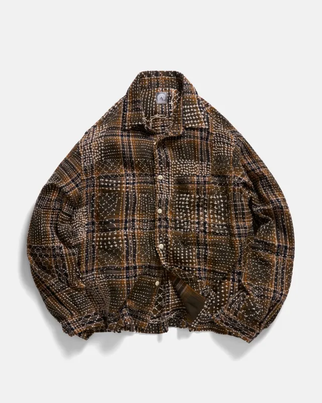 PILCHUCK HAND-EMBROIDERED OVERSHIRT - VT OLIVE / GOLDENROD / MIDNIGHT SUMMER-WEIGHT FLANNEL WITH KANTHA STITCHING made by 18 East