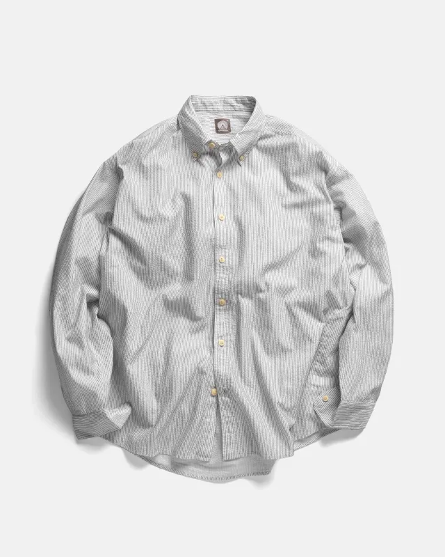 AMER EASTERN BUTTON DOWN SHIRT - WHITE POPLIN WITH BLACK EMBROIDERED PENCIL STRIPES sold by 18 East