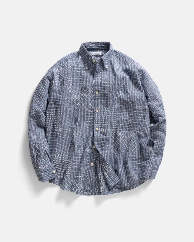 AMER EASTERN BUTTON DOWN SHIRT - FRENCH BLUE / LATTE PATCHWORK KANTHA STITCHED STRIPED COTTON CHAMBRAY sold by 18 East