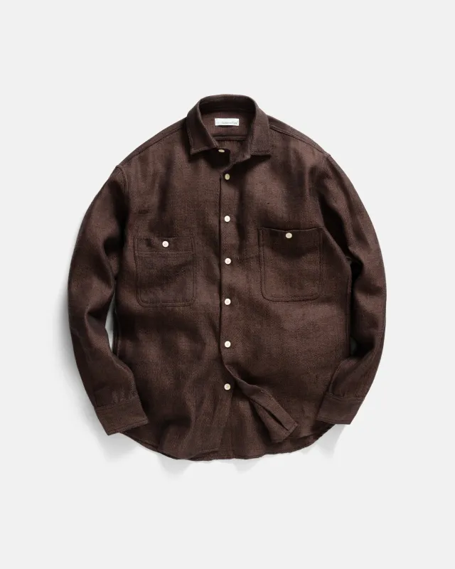 ALBERTO "PER LAVORO" SHIRT - CHOCOLATE / BLACK WOOL AND LINEN KHADI TWILL sold by 18 East