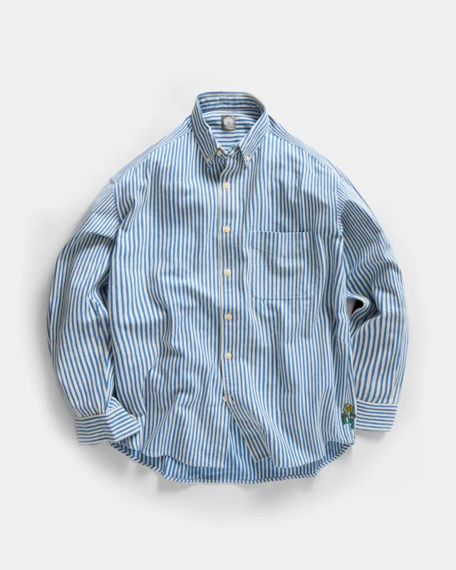 WOLF BUTTON-DOWN SHIRT - NATURAL INDIGO / ECRU HAND-BLOCK PRINTED DISCHARGE STRIPED COTTON OXFORD sold by 18 East