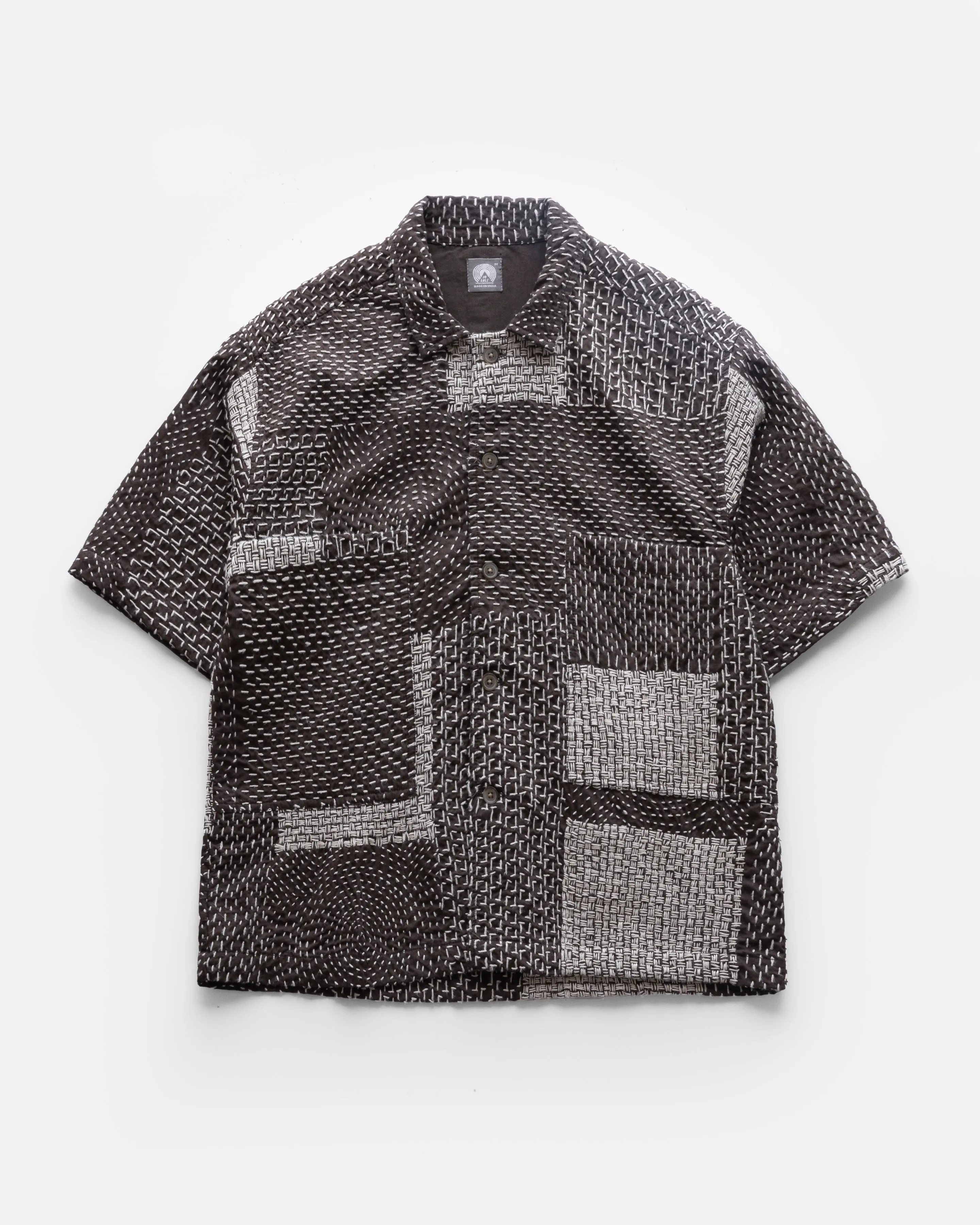 S/S SAM SHIRT - FONDENTE BROWN / ECRU PATCHWORK KANTHA STITCHED COTTON sold by 18 East