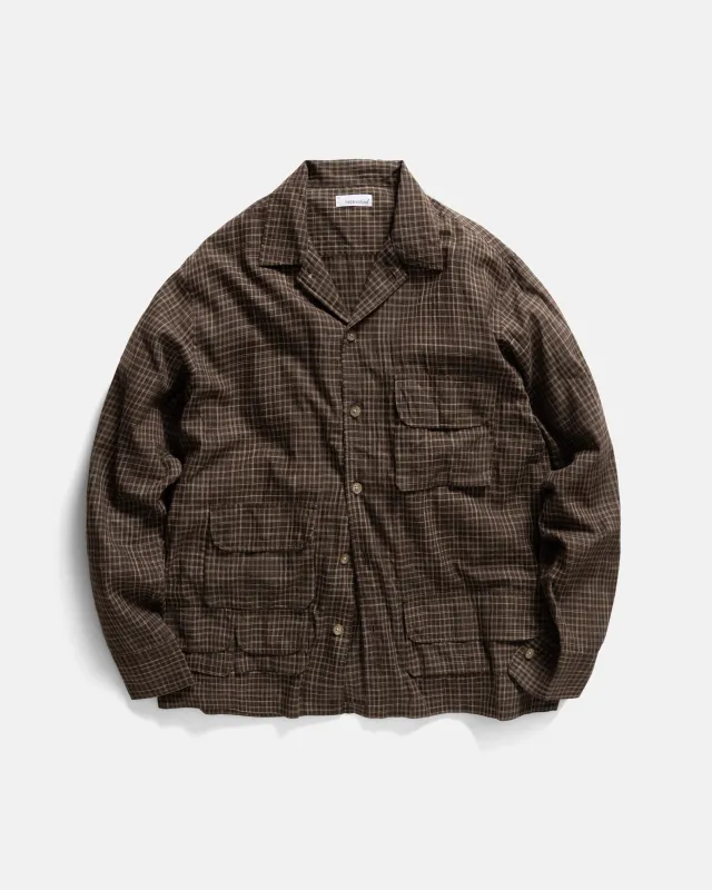 L/S WINHALL UTILITY SHIRT - DEEP CACAO / ECRU SPACE-DYED CHECKED KHADI COTTON made by 18 East