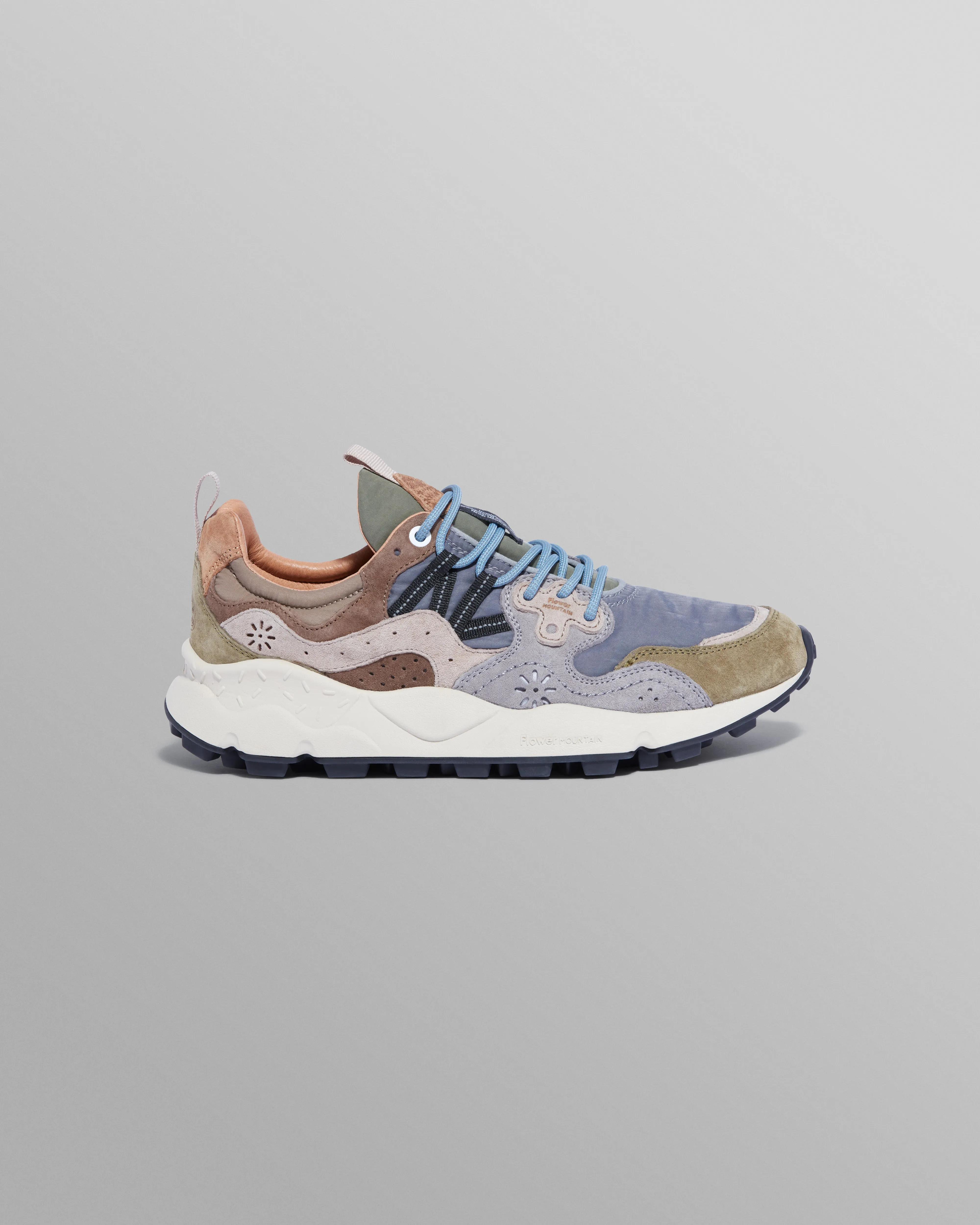 Flower Mountain - Khaki And Grey Suede And Technical Fabric Trainers sold by Wax London