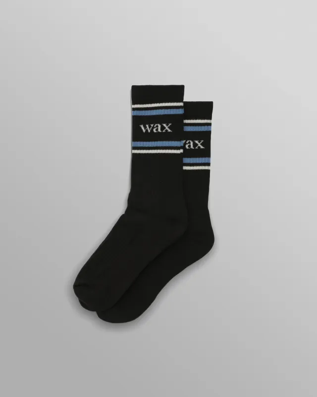 Thorpe - Black And Blue Branded Stripe Sports Sock made by Wax London