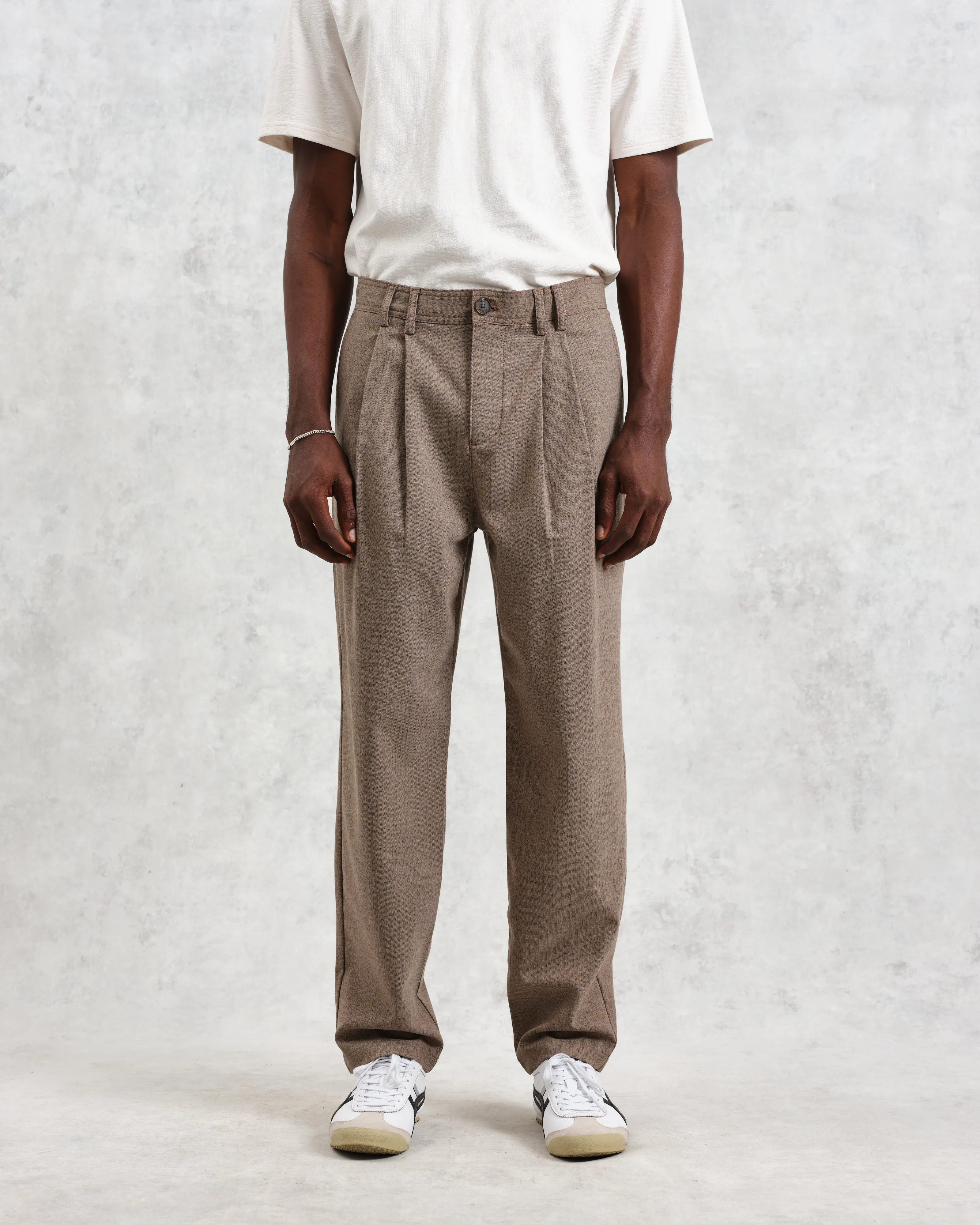 Raleigh - Light Brown Herringbone Pleated Trousers sold by Wax London product image thumbnail 2