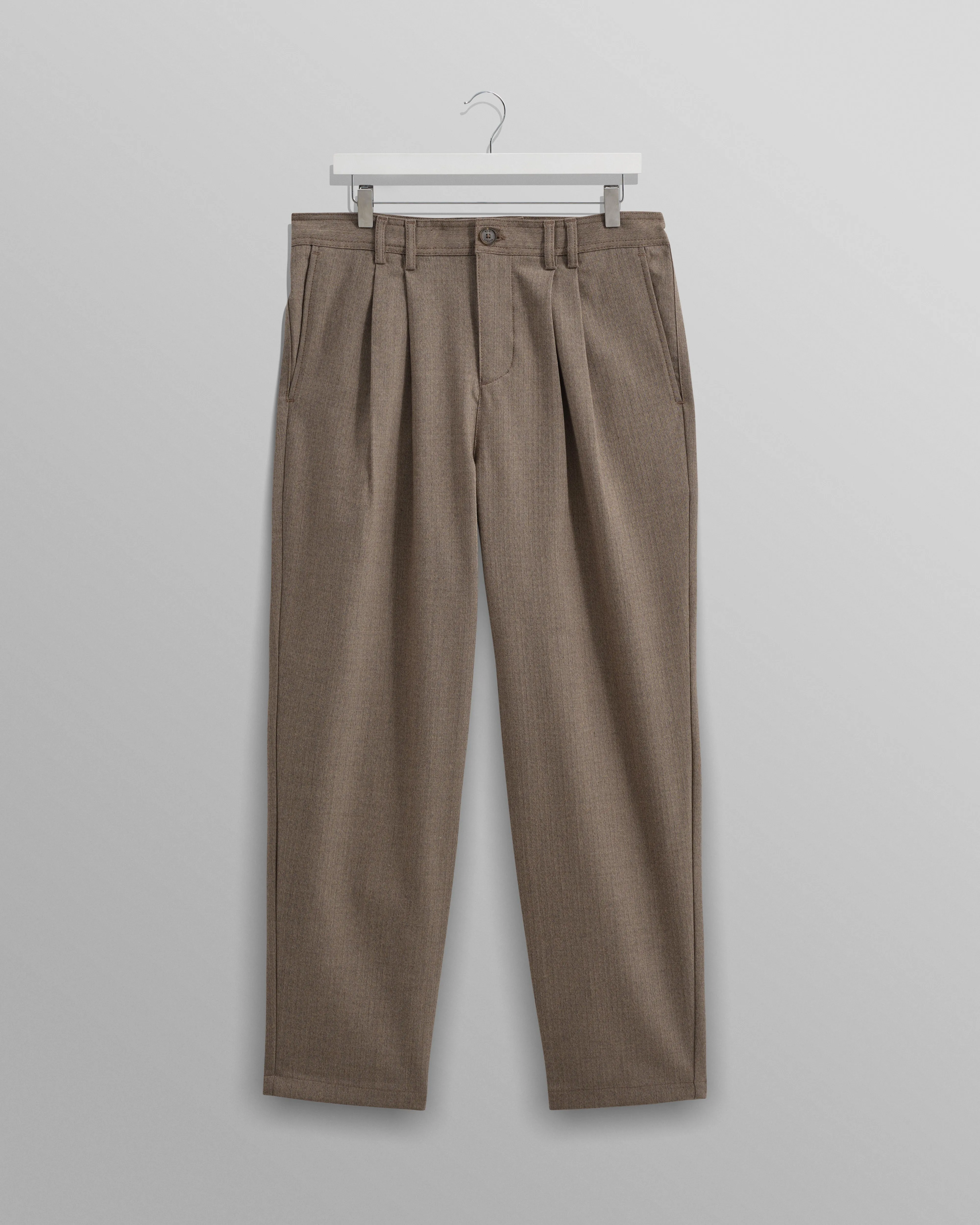 Raleigh - Light Brown Herringbone Pleated Trousers sold by Wax London