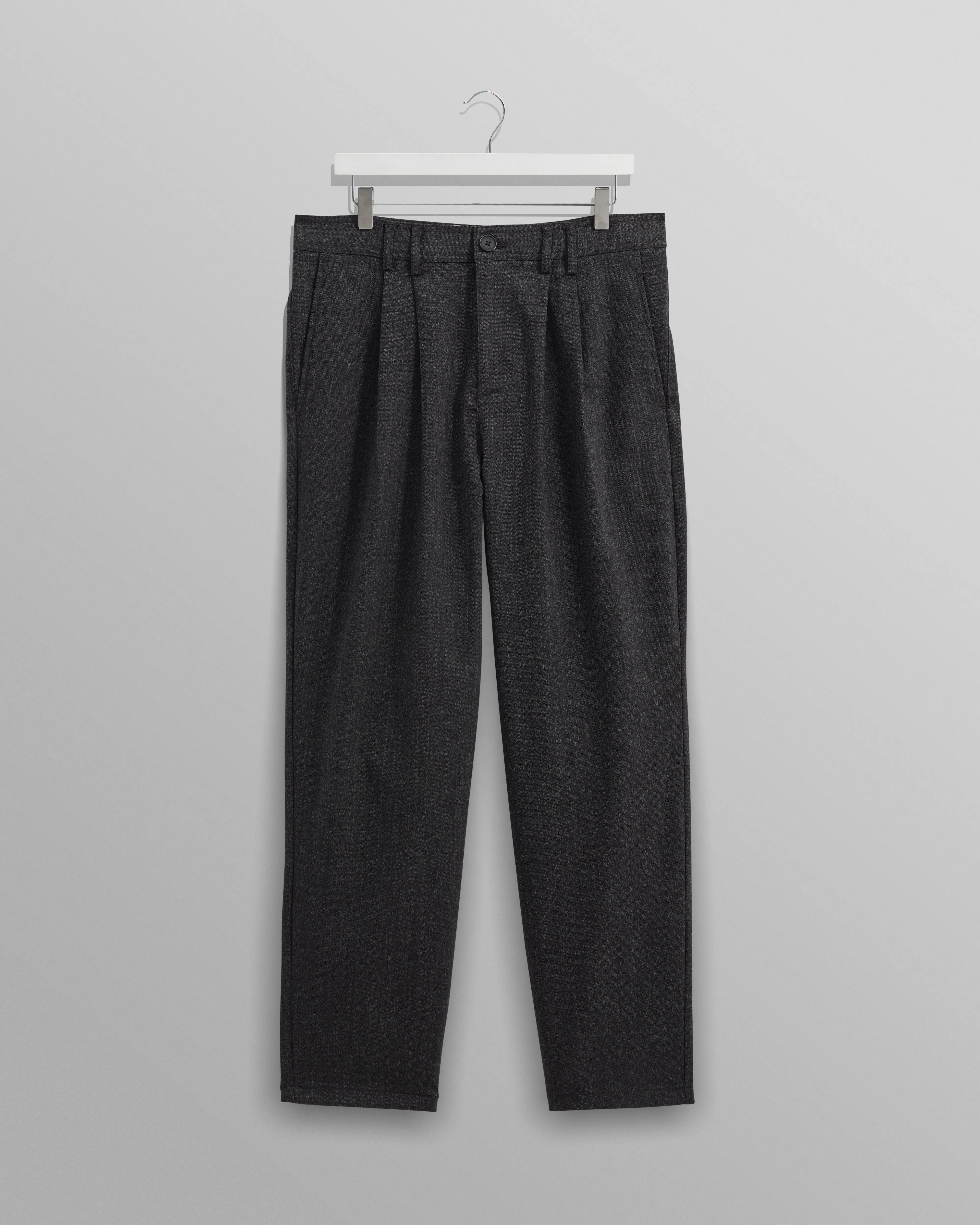 Raleigh - Charcoal Herringbone Pleated Trousers sold by Wax London