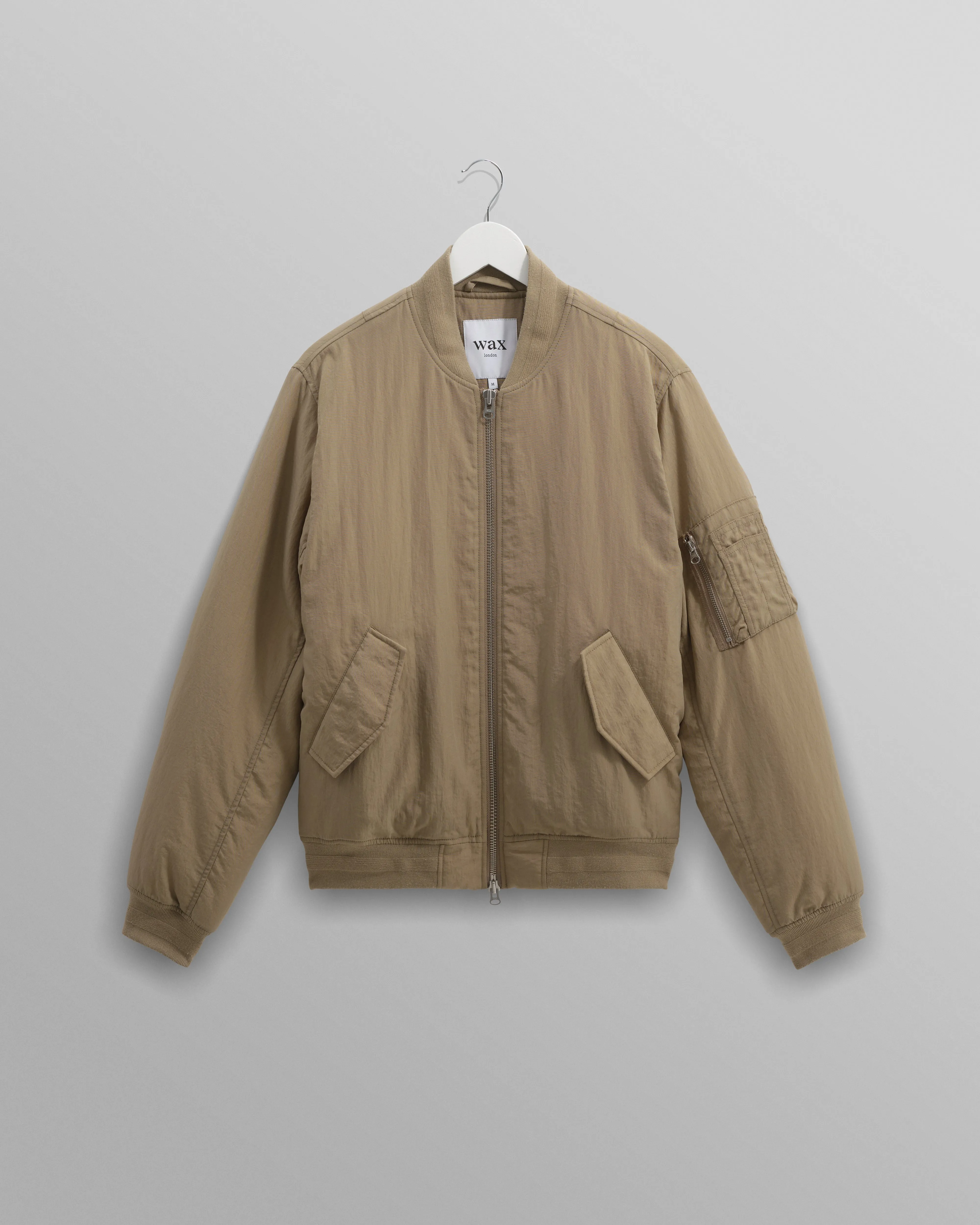 Malvern - Washed Khaki Nylon Bomber Jacket sold by Wax London