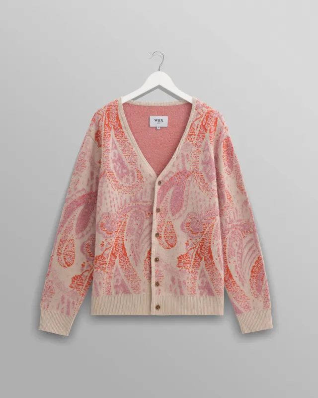Alban - Pink Paisley Jacquard Wool Blend Cardigan sold by Wax London