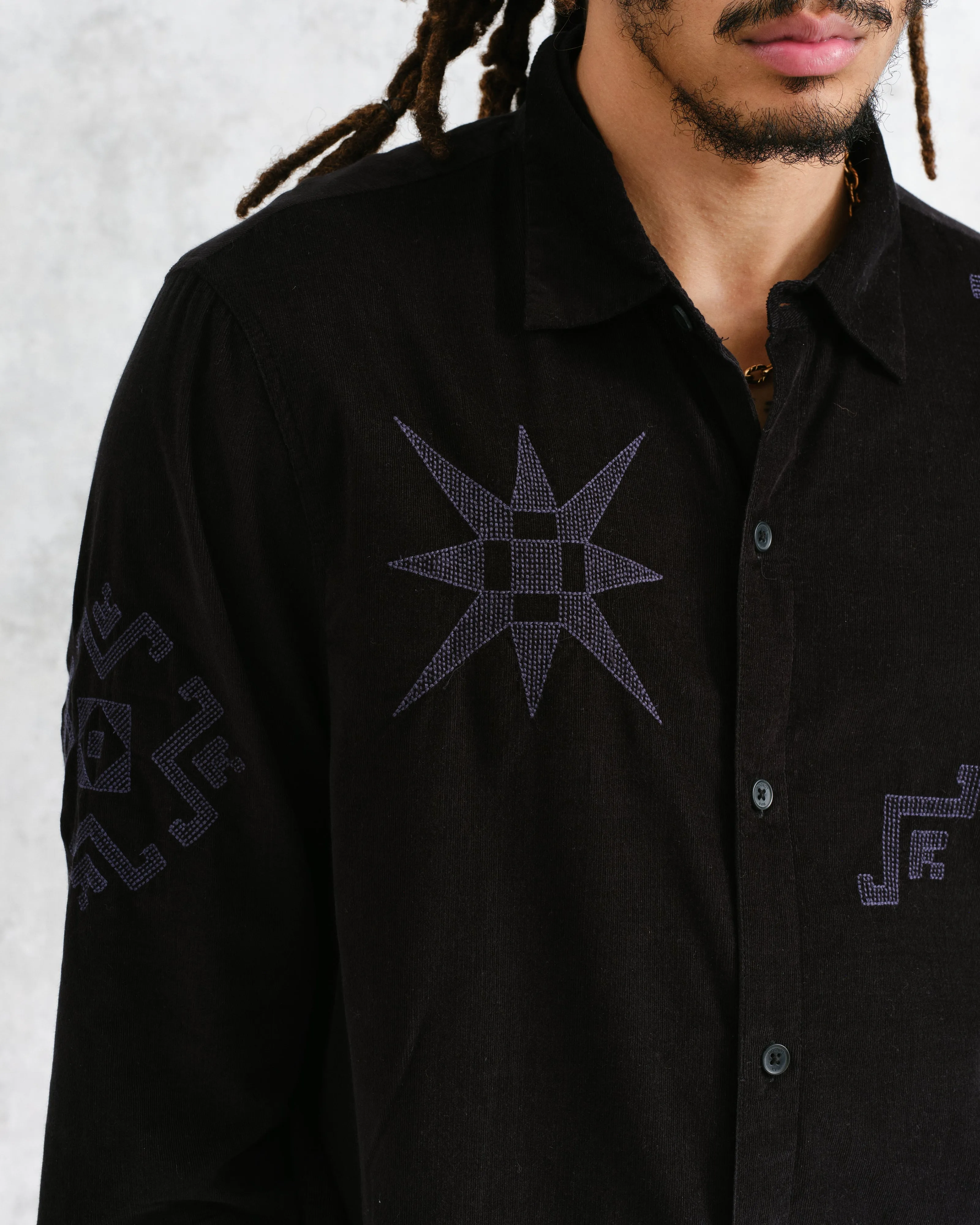Trin - Black Geometrical Embroidered Corduroy Shirt sold by Wax London product image thumbnail 3