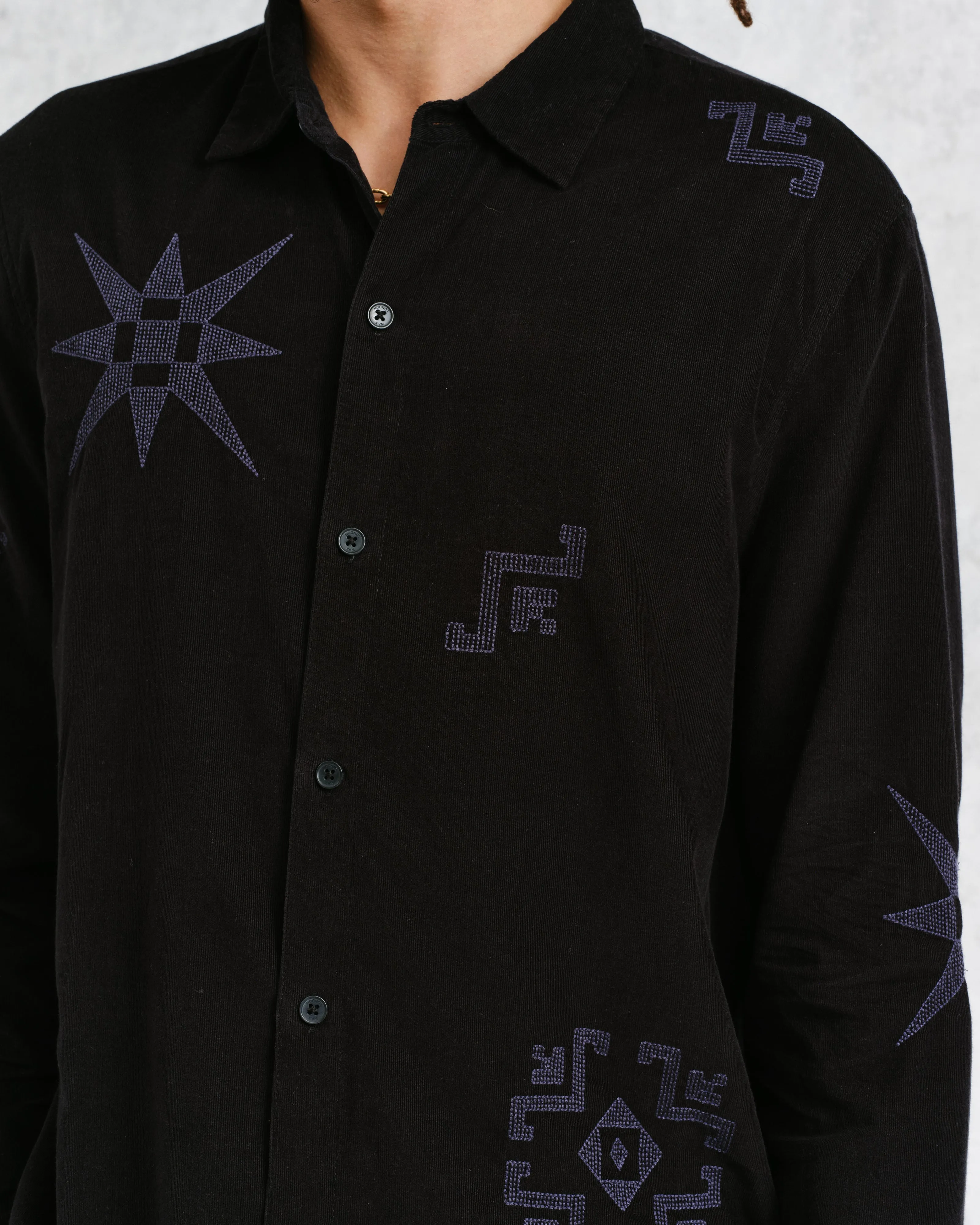 Trin - Black Geometrical Embroidered Corduroy Shirt sold by Wax London product image thumbnail 4