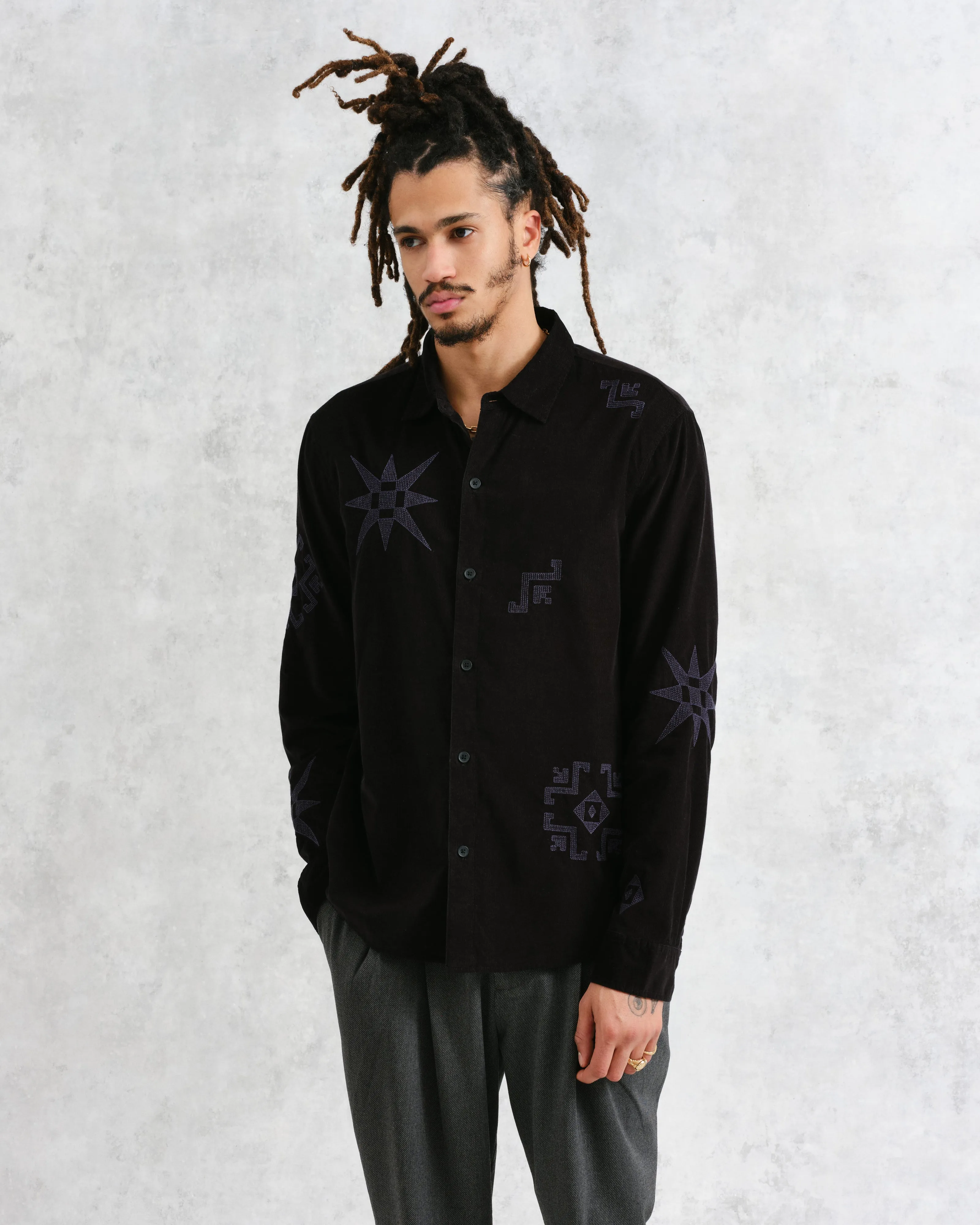Trin - Black Geometrical Embroidered Corduroy Shirt sold by Wax London product image thumbnail 2